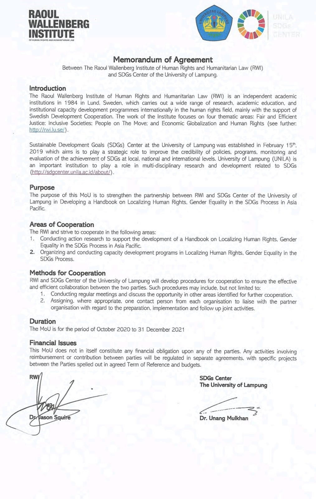Agreement RWI and SDGs Center Unila